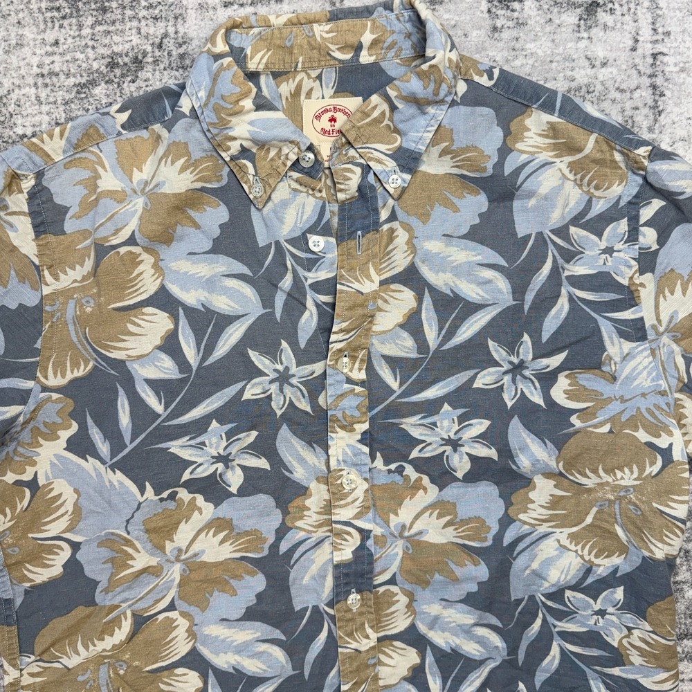 Brooks Brothers‎ Shirt Mens Medium Blue Floral Tropical Linen Blend Red Fleece